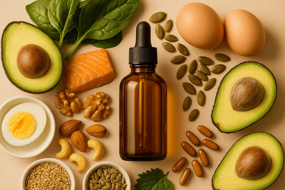 Flacon de sérum entouré d’aliments : avocat, saumon, œufs, noix et graines