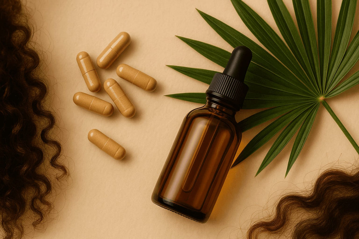 Flacon de sérum, gélules et feuille de palmier nain (saw palmetto)