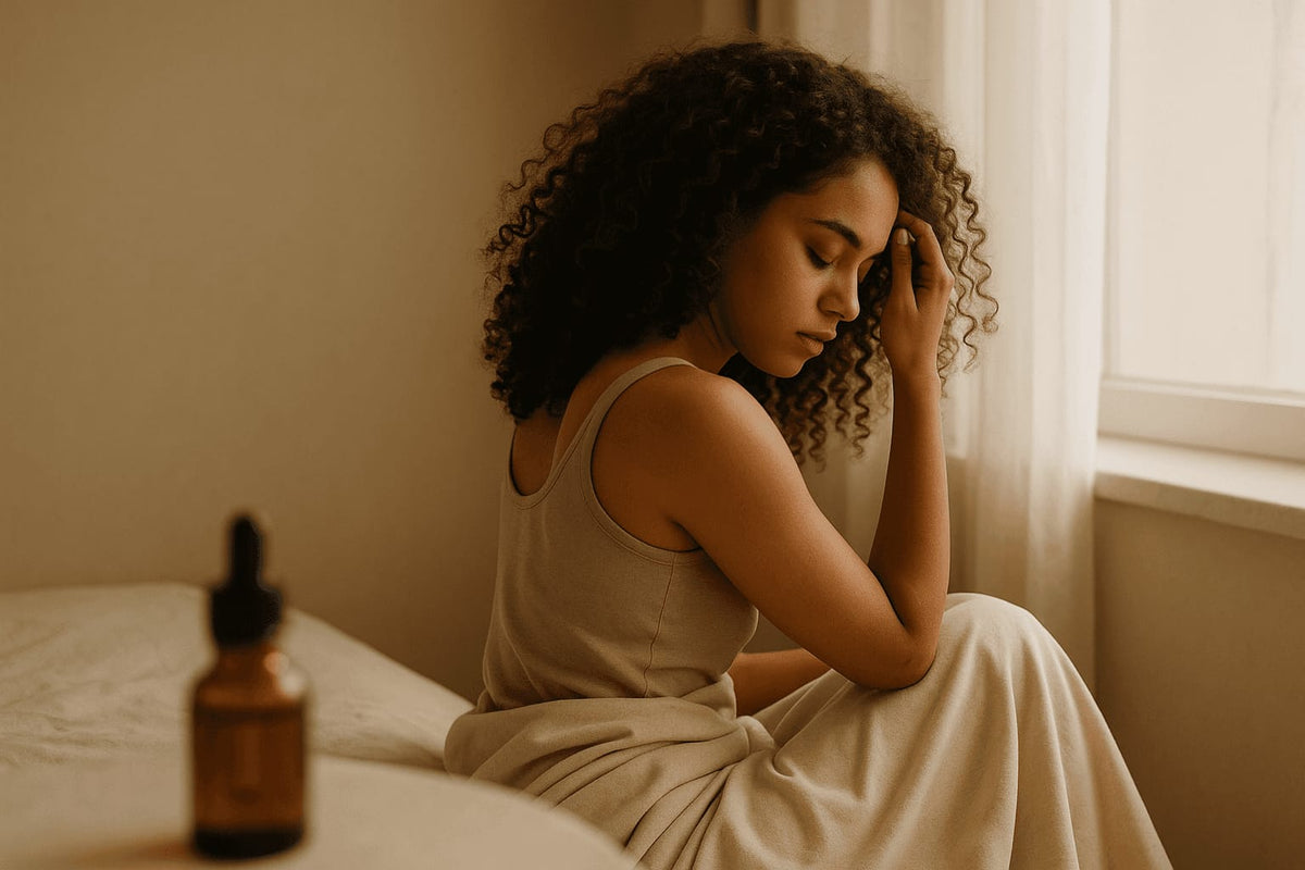 Femme aux cheveux bouclés assise près d’une fenêtre, flacon de sérum au premier plan