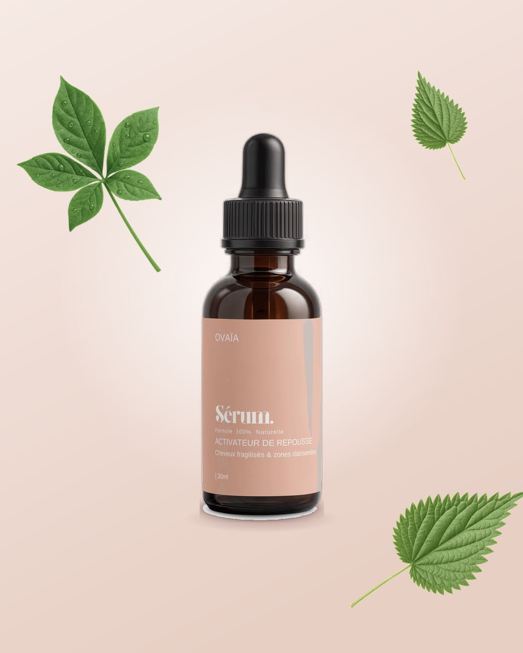 Le Sérum Ovaïa entouré de feuilles d’ortie et de ginseng